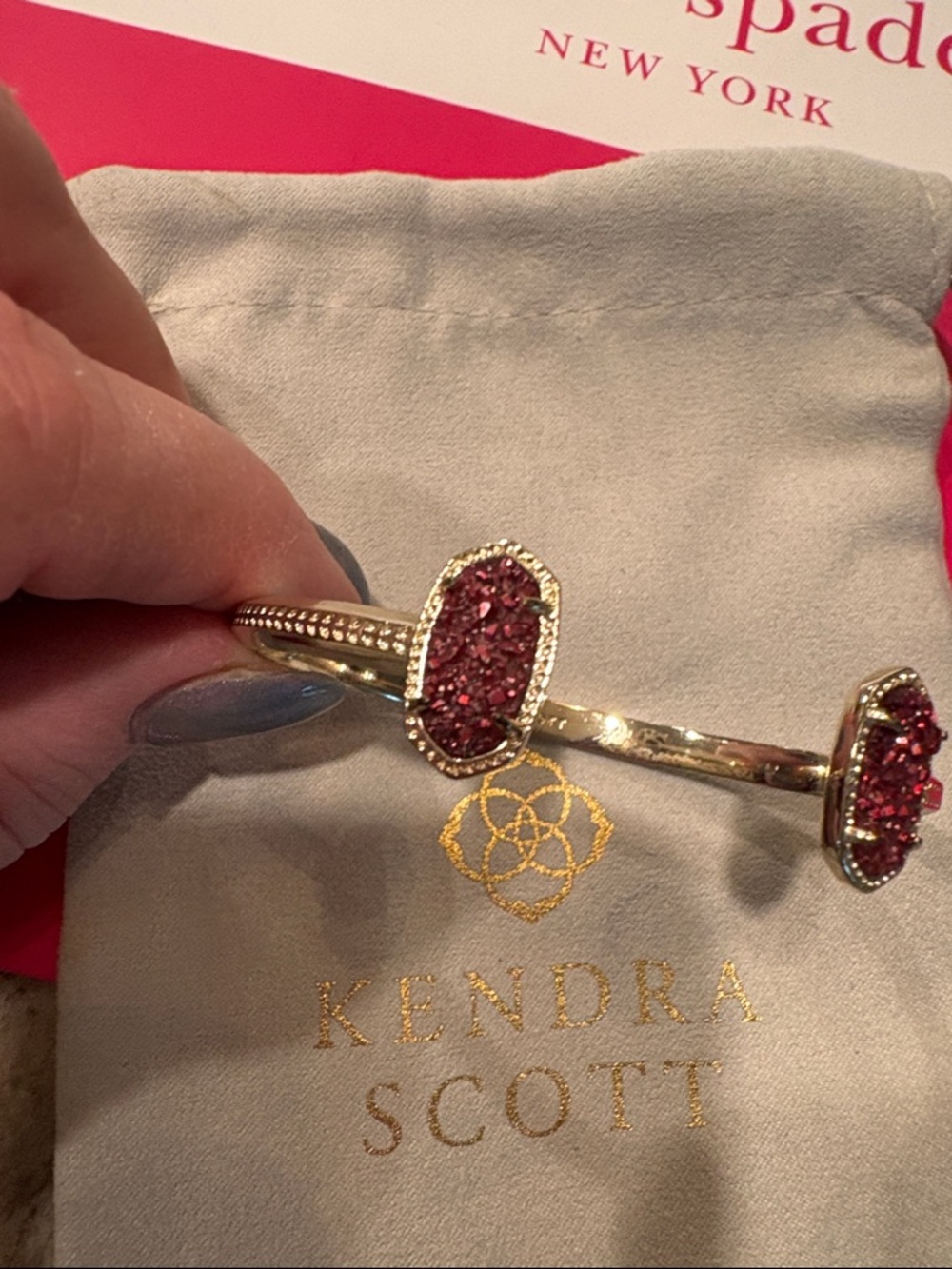 Kendra Scott Silver Open Cuff Bracelet with Dark pink/purple druzy - Picture 2 of 7
